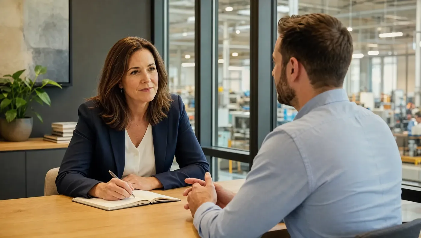 A recruiter in a navy blazer takes notes across a wooden table from a candidate in a blue shirt, a plant floor visible through the glass behind them.