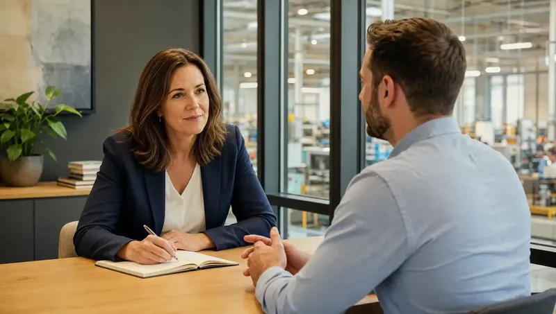 A recruiter in a navy blazer takes notes across a wooden table from a candidate in a blue shirt, a plant floor visible through the glass behind them.