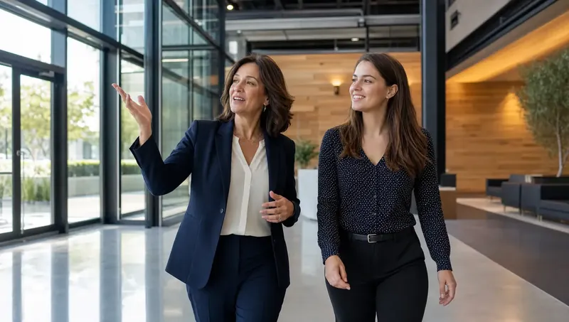 Two women in business dress walk side by side through a bright glass-walled lobby, both smiling.
