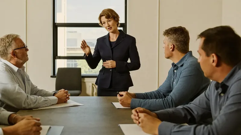 A woman in a dark suit stands and speaks to three men seated around a conference table in a sunlit office.