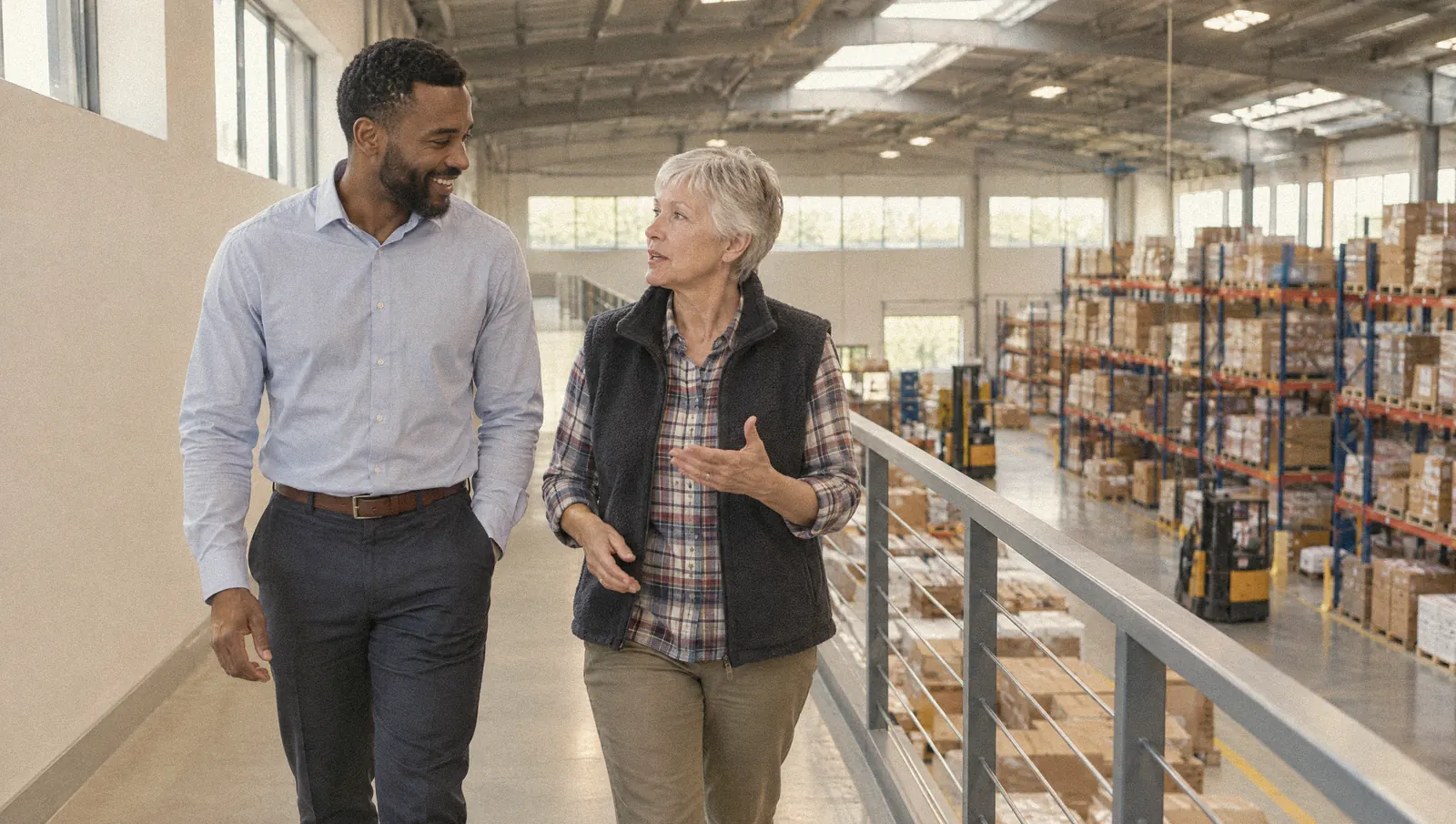 A man in a dress shirt and a woman in a plaid shirt and quilted vest walk side by side along a mezzanine walkway above a warehouse of stacked pallet racks, turned toward each other and talking.