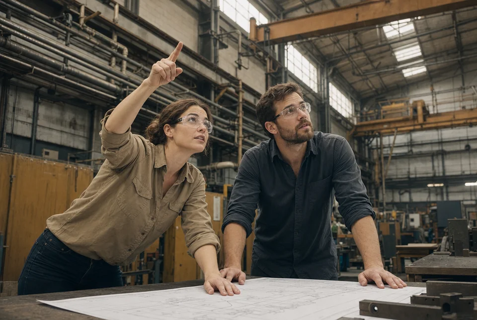 Two engineers lean over a large drawing on a steel work table on a plant floor, one pointing up at the overhead structure.