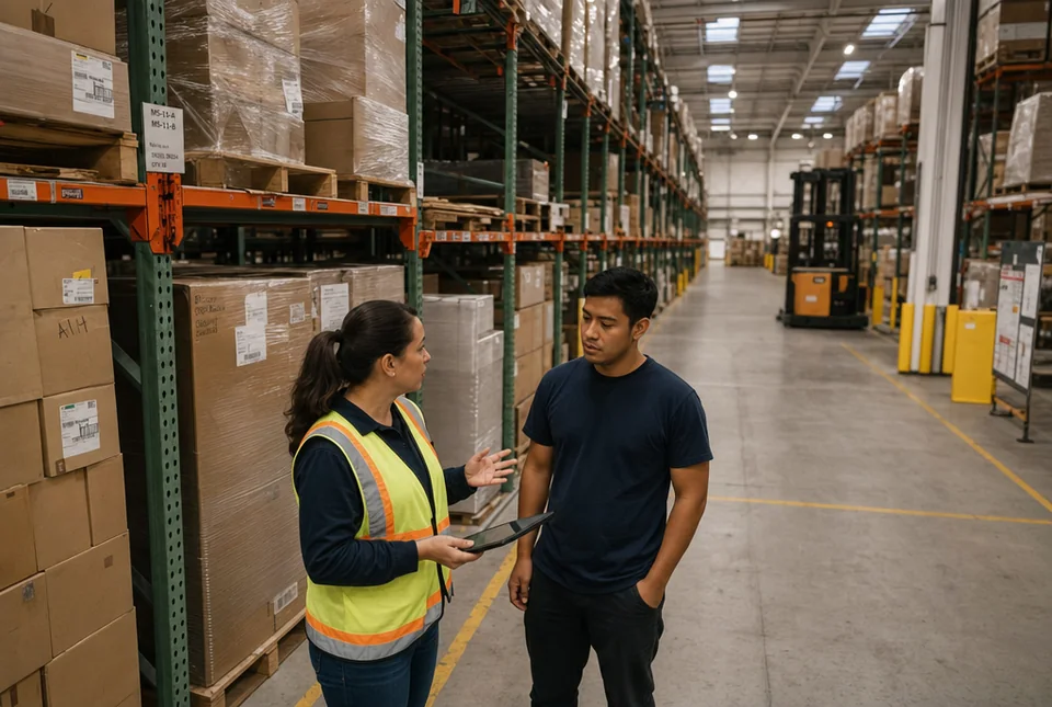 An operations lead in a safety vest holding a tablet talks with a picker beside tall racking in a distribution center, the aisles running back under skylights.
