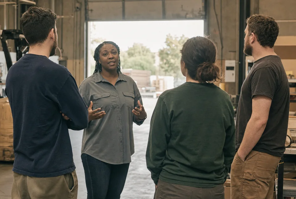 A shift lead talks with her hands to a small crew standing in a loose circle in a warehouse bay, the roll-up door open to morning light behind her.