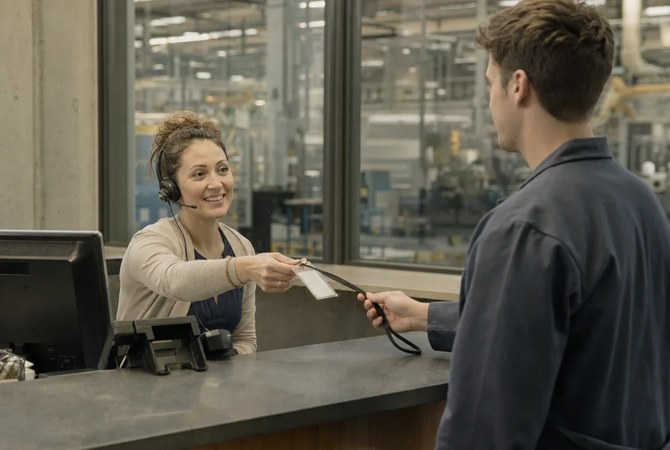 An office coordinator with a phone headset hands a visitor badge across a reception counter to a young man in a work jacket, the production floor soft through the glass behind her.