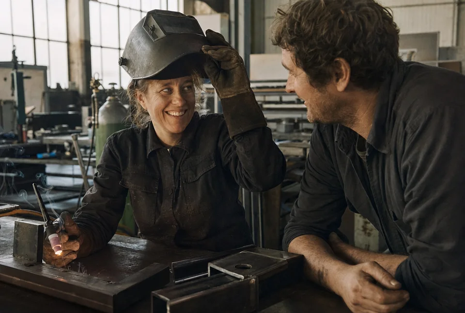 A welder lifts her hood and grins at a coworker leaning on the bench beside her in a fabrication shop, a torch and steel parts in the foreground.