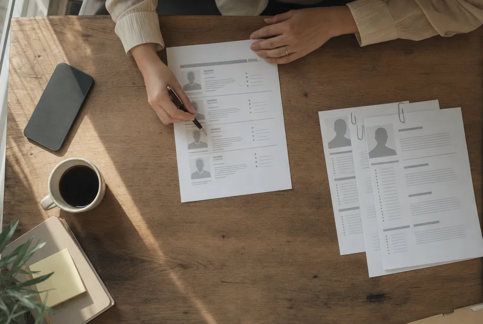 From above, a recruiter's hands with a pen over a printed shortlist on a wooden desk, a stack of clipped resumes and a coffee beside it in morning light.