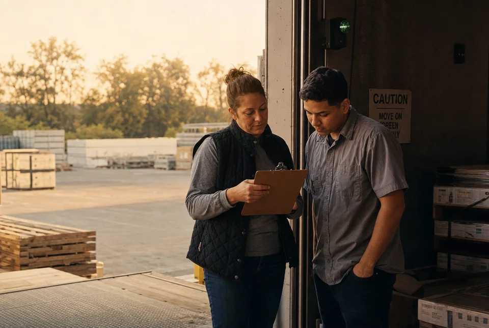 At first light on a loading dock, a supervisor in a quilted vest and a new hire check a clipboard together at the open dock door, the yard hazy behind them.