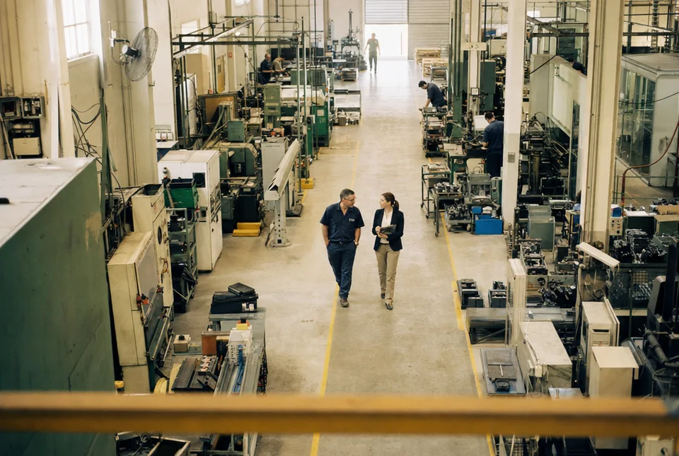 Seen from a mezzanine, a plant manager and an HR consultant walk the aisle of a working manufacturing floor, she taking notes on a folder, workers at their stations beyond.